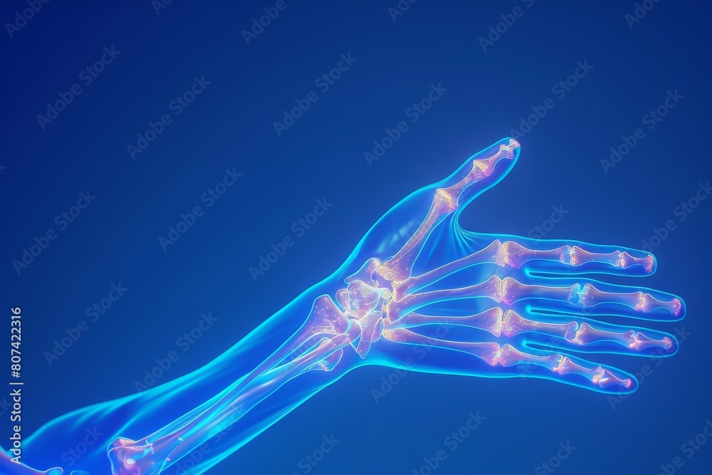 3D render of xray human body with hand pain, on blue background ...