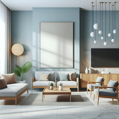 Cozy modern minimalist soft blue living room