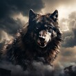 Fierce black wolf in stormy weather