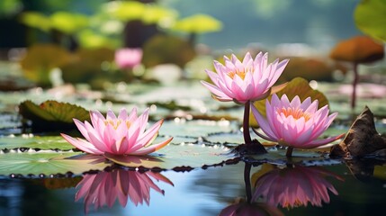 Sticker - Serene water lily pond with vibrant pink flowers