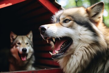 Wall Mural - Fierce wolf-like dog snarling in a wooden crate