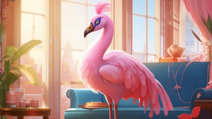 Sticker - Vibrant pink flamingo in cozy home interior