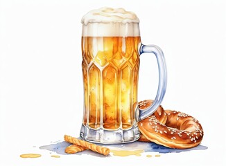 Drawing of a full beer glass and pretzels on a white background