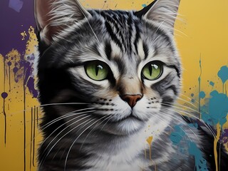  Painting with ink technique colorful depiction of a cat. The cat has striking green eyes and a mix of black, white, and gray fur.