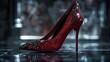 A Close up of a Red High Heel Shoe on a Shiny Tiled Floor - Generative AI