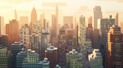  The golden hour casts a warm glow over a dense collection of skyscrapers in a bustling metropolitan city. 3D illustration