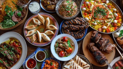 Arabic cuisine;Middle Eastern traditional lunch. It's also Ramadan 'Iftar'.The meal eaten by Muslims after sunset during Ramadan. Assorted of Egyptian oriental dishes.Served food for Family Gathering