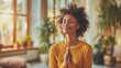 © ArtStockVault - Woman meditating peacefully in a sunlit indoor plant-filled room. Wellness and mindfulness concept. Design for health and wellness poster, meditation guide.