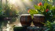 Two Drums Sitting on Rocks in a Pond Surrounded by Plants and Flowers With a Waterfall in the Background - Generative AI