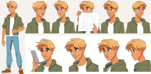 Wall Mural - Set of multiple poses and expressions of a young blond man with blue eyes for a character design sheet for a mobile game on a white background.