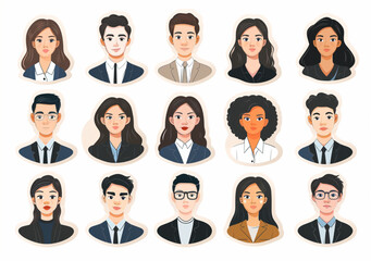 Wall Mural - Set of smiling people in business style, avatar icons on white background vector illustration with male and female character portrait collection set isolated on flat color backdrop.