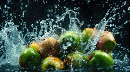Wall Mural - Ripe coconuts with water droplets falling might be an enticing and exhilarating sight