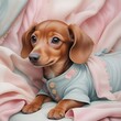 © 스타후츄 미 - 보드라운 핑크 담요 포근히 감싸주는 따스한 온기 귀욤뽀짝 깜찍 귀요미 한 곳을 쳐다보는 아기 꼬마 강아지 닥스훈트 단추달린 파스텔 민트 컬러 올인원 착용한 댕댕이 반려견 갈색단모닥스훈트 puppy