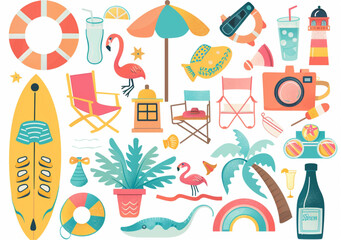 Wall Mural - 
summer elements clip art collection on a white background, including a beach ball, sun umbrella, surfboard, chairs and table for a swimming pool or sea shore