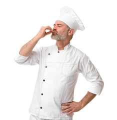 Wall Mural - Chef in uniform showing perfect sign on white background