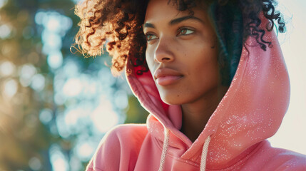 A woman with curly hair wearing a pink hoodie, looking relaxed,concept of sport and physical activity, sports fashion, space for text