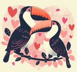 Wall Mural - Two cute birds toucans in love, pink and white heart background, kids print or book cover, clip art style, simple design, flat colors and a pastel color palette, simple lines