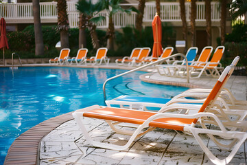 Swimming pool and sun loungers at stylish tropical spa hotel, summertime banner mockup. Summer travel sales and vacation concept.