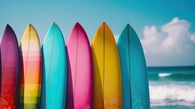 A Row Of Colorful Surfboards Are Lined Up On A Beach. The Surfboards Are Of Different Colors And Sizes, And They Are All Facing The Ocean. Concept Of Excitement And Adventure
