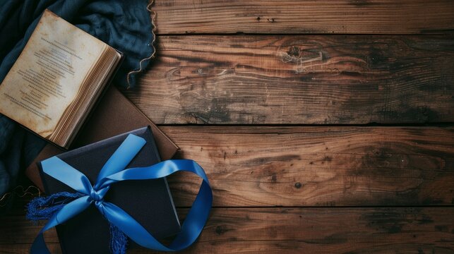 Diploma with blue ribbon, graduation hat and book on wooden table