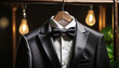 Tuxedo on hanger, formal, bow tie, upscale, dress shirt, jacket, close-up