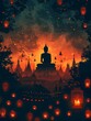 Silhouette of Buddha statue and lotus and lamp illustration. Vesak, dharma day poster