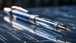 Ballpoint pen, luxury, glass, metal, blue, reflection, advertising photo, close-up