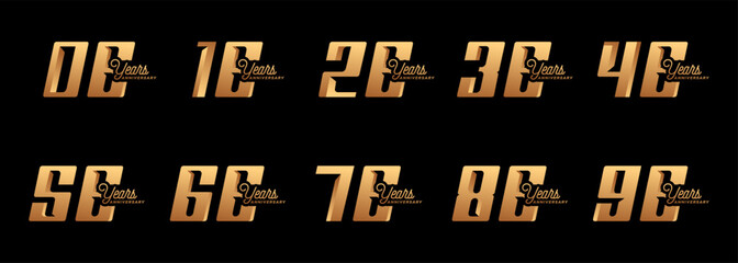 Wall Mural - collection of anniversary logos from 6 years to 96 years with gold numbers on a black background for celebratory moments, anniversaries, birthdays