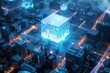 futuristic smart city digital twin urban center with glowing abstract cube 3d rendering