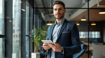 Poster - portrait of a businessman or a ceo holding a digital tablet standing in modern office, use of digita