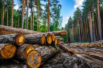 log pile in cut forest deforestation and logging industry concept photo