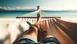 Feet rest in a hammock, quiet beach and calm sea in the blur. Focus on feet relaxing in a hammock, blurred sea and sky background.