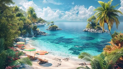 Poster - paradise with palm-fringed beaches, crystal-clear waters, and colorful beach umbrellas