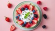 © Paul - Artistic top shot of a watermelon slice creatively topped with yogurt and colorful berries, elegantly presented on a clean background