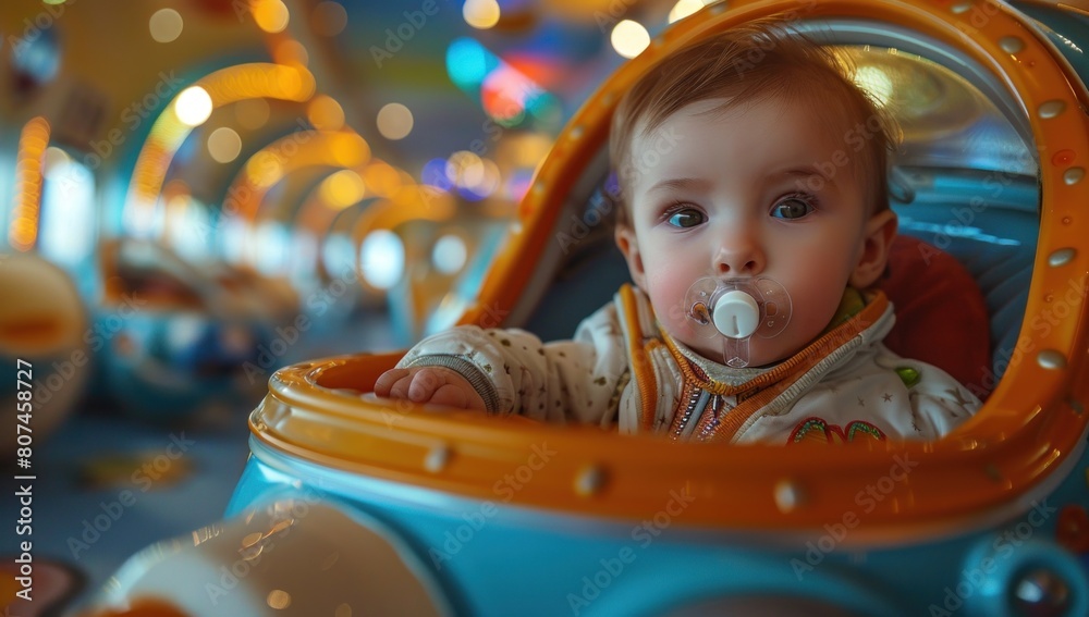 The baby sits in a miniature rocket ship, sucking on a pacifier, ready ...