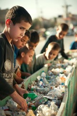 Wall Mural - A group of children sorting trash from a bin at a recycling center. Generative AI.