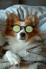 Sticker - A relaxed dog with cucumber slices on his eyes is laying in bed. Generative AI.