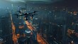 a drone fleet hovering above a bustling metropolis, capturing aerial footage for surveillance and urban planning purposes