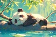 a cute cartoon panda is sleeping on the river bank