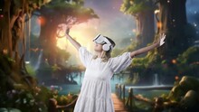 Woman Turning Around Looking Through VR In Fairytale Forest In Bokeh Neon Light Falling With Wooden Bridge Across Stream Water Meta World Like Jungle Timer Trees At Fantasy Warm Sunlight. Contraption.