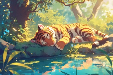 Wall Mural - a cute cartoon tiger is sleeping on the river bank