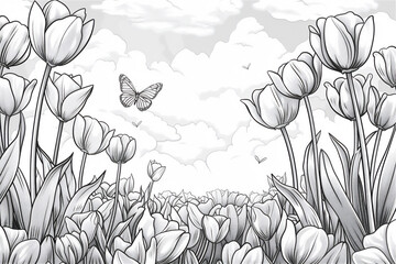 Wall Mural - Coloring pages of tulip flowers field with butterfly in summer or spring time.