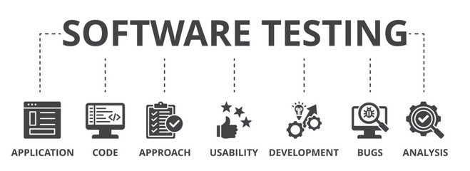 Software testing concept icon illustration contain application, code, approach, usability, development, bugs and analysis.