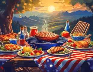 4th of July comfort barbecue food on table, patriotic decorations