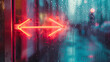 Bright neon arrows flash with red light through a fogged window 