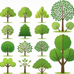 Collection of various green tree  icon set on white background