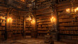 Beautiful Library with candle lighting, Old Two-storied Bookshelf