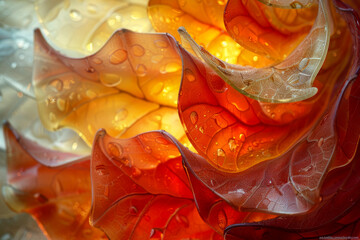 Wall Mural - Vibrant Autumn Leaves with Morning Dew Close Up