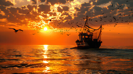 Wall Mural - Fishing boat and seagulls in the red sunset sea