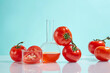 Photography with front view, laboratory and tomato concept on blue background, tomato extract is rich in essential nutrients, including vitamins, minerals and antioxidants like lycopene